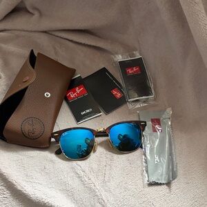 Ray-Ban Clubmaster Sunglasses Brown Frame with Blue Mirrored Lenses